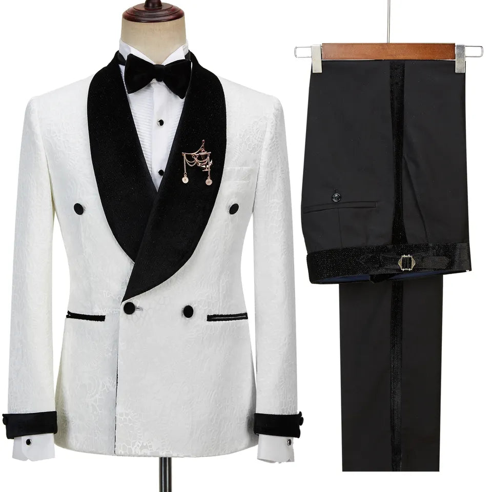 Fancy White Jacquard Double Breasted Wedding Suit with Black Velvet Lapel