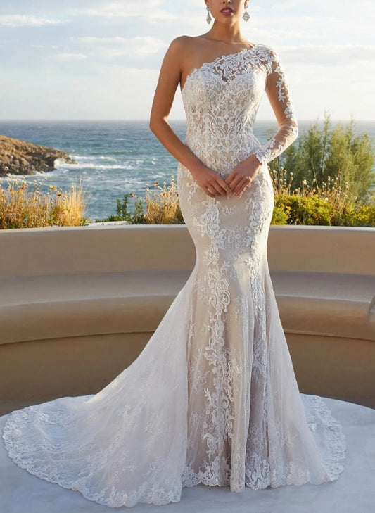 Luxury Lace One-Shoulder Long Sleeves Mermaid Wedding Dresses