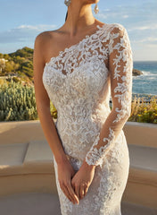 Luxury Lace One-Shoulder Long Sleeves Mermaid Wedding Dresses