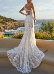 Luxury Lace One-Shoulder Long Sleeves Mermaid Wedding Dresses