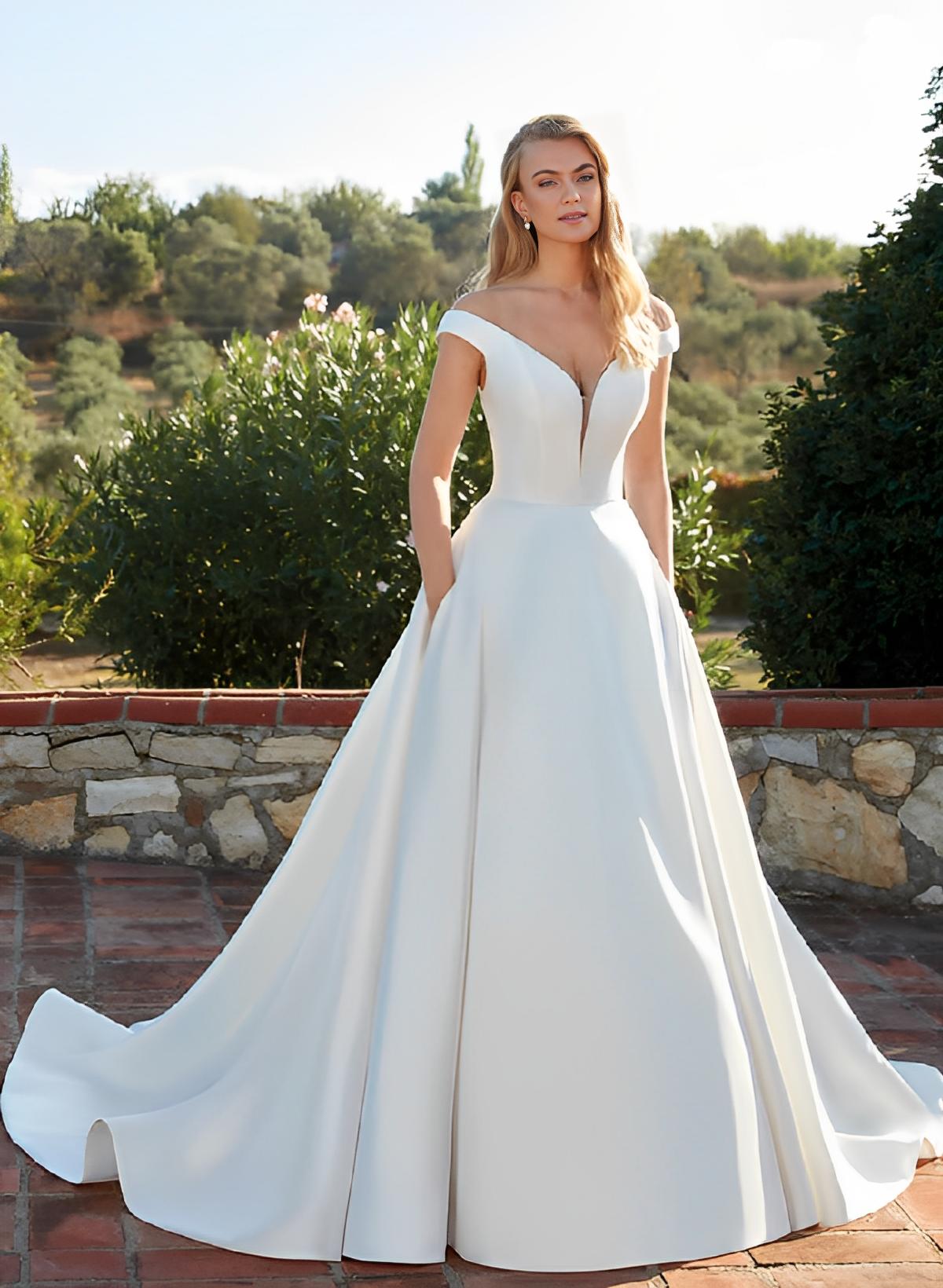 Satin Off-the-Shoulder Ball-Gown Boho Wedding Dresses