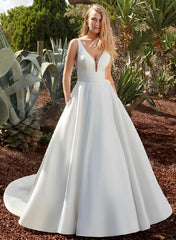 V-neck Satin Wedding Dresses With Open Back