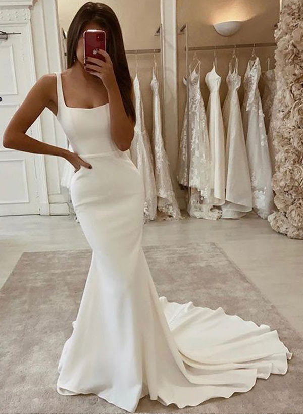 Elastic Satin Wedding Dresses with Mermaid Square Neckline and Sleeveless