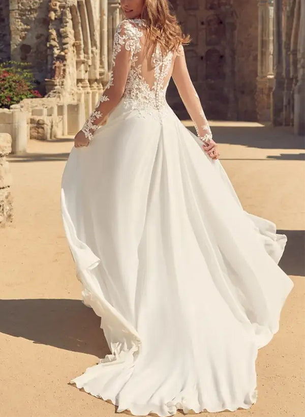 Elegant A-Line V-neck Wedding Dresses With Long Sleeves and Split Front