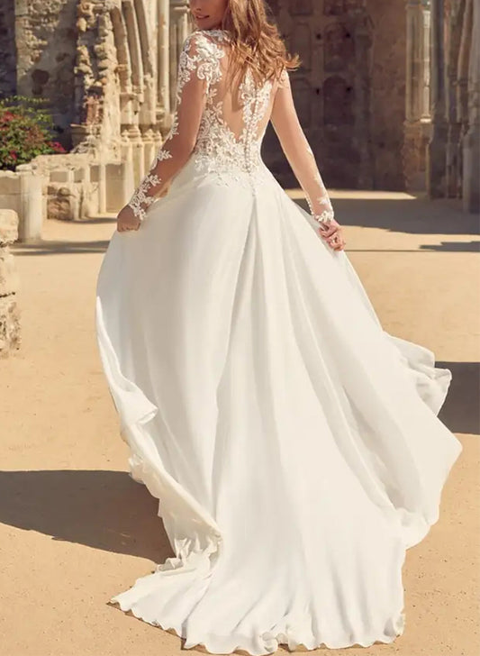 Elegant A-Line V-neck Wedding Dresses With Long Sleeves and Split Front