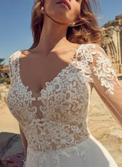 Elegant A-Line V-neck Wedding Dresses With Long Sleeves and Split Front