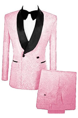 Pink Double Breasted Lapel Jacquard Bespoke Wedding Suit with Velvet Lapel