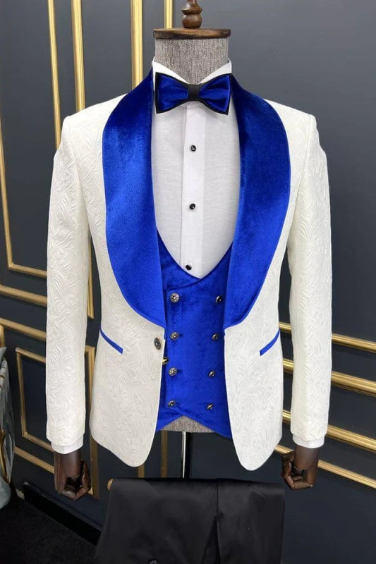 Fancy Blue Velvet Shawl Lapel 3-Piece Jacquard Wedding Suit