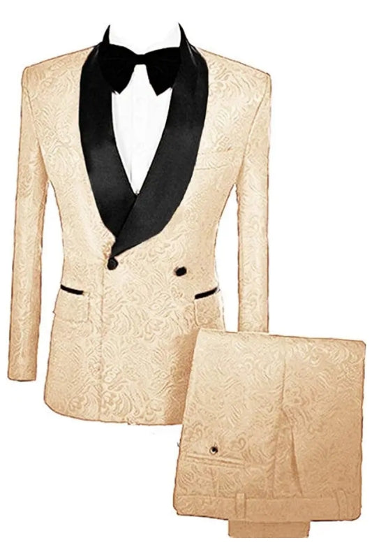 Champagne Double-Breasted Jacquard Wedding Suit with Velvet Lapel