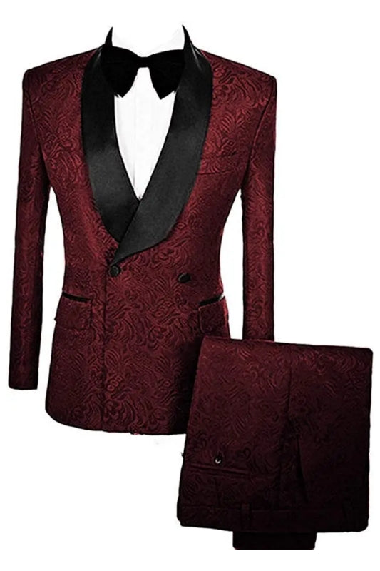 Burgundy Double-Breasted Jacquard Wedding Suit with Velvet Lapel