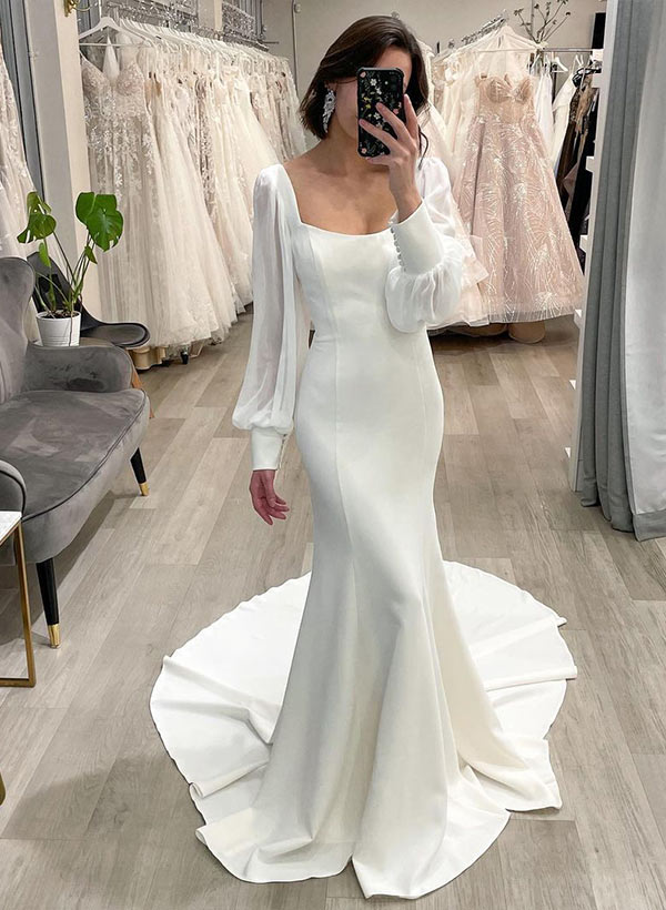 Square Neckline Long Sleeves Court Train Elastic Satin Mermaid Wedding Dress