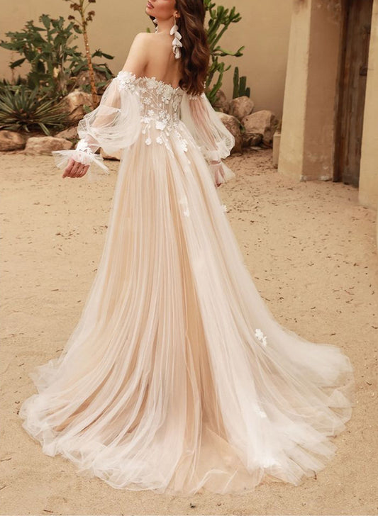 Off-the-Shoulder Lace/Tulle Wedding Dresses With Detachable Sleeve