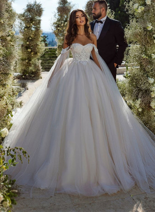 Elegant Lace/Tulle Wedding Dress with Off-The-Shoulder Long Sleeves