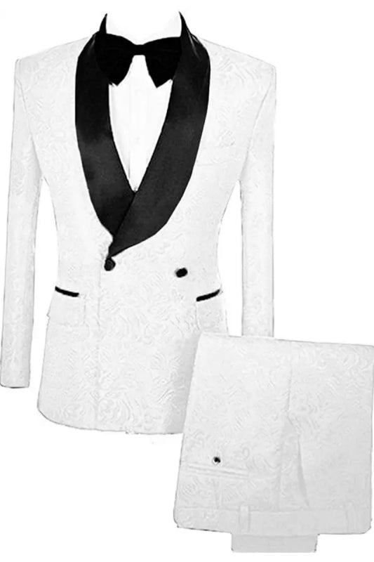 Simple White Double Breasted Jacquard Wedding Suit with Velvet Lapel