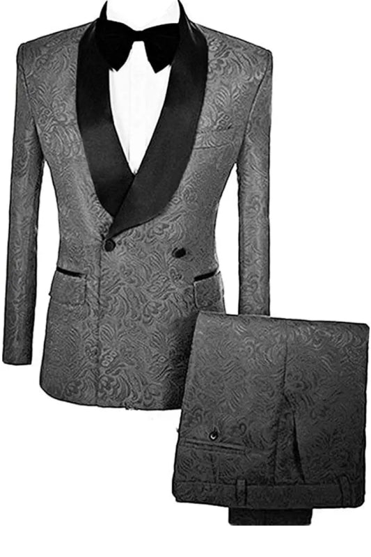 Simple Gray Double Breasted Jacquard Wedding Suit with Velvet Lapel