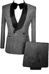 Simple Gray Double Breasted Jacquard Wedding Suit with Velvet Lapel