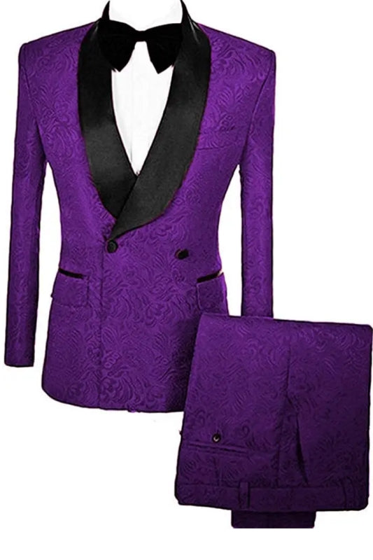 Chic Purple Double Breasted Jacquard Wedding Suit with Velvet Lapel