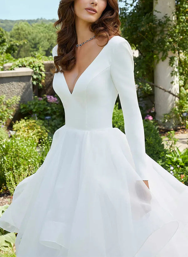 V-Neck Ball-Gown Wedding Dresses with Long Sleeves and Cascading Ruffles in Satin/Organza