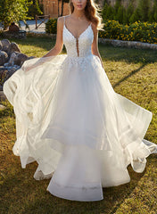 Sweetheart Sleeveless Sweep Train Tulle Wedding Dresses With Lace