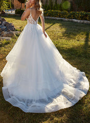 Sweetheart Sleeveless Sweep Train Tulle Wedding Dresses With Lace