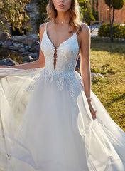 Sweetheart Sleeveless Sweep Train Tulle Wedding Dresses With Lace