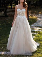 A-Line Sweetheart Sleeveless Sweep Train Tulle Wedding Dresses With Appliques Lace