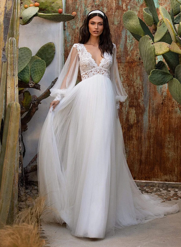 A-Line V-neck Long Sleeves Sweep Train Tulle Wedding Dresses With Lace