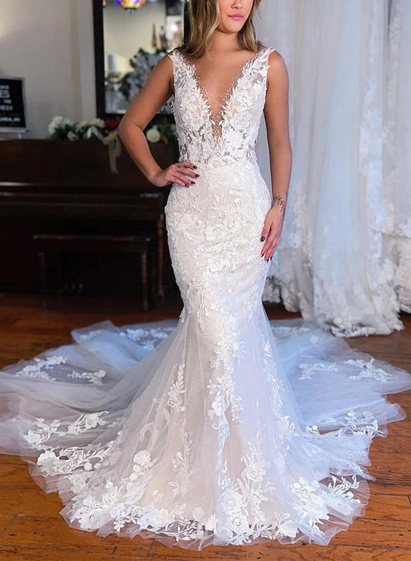 Vintage Tulle Wedding Dresses with Appliques Lace - Trumpet/Mermaid V-Neck