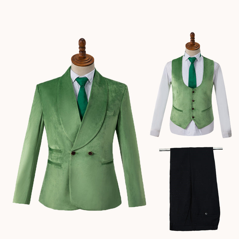 Modern Green Shawl Lapel Double Breasted Velvet Wedding Suit