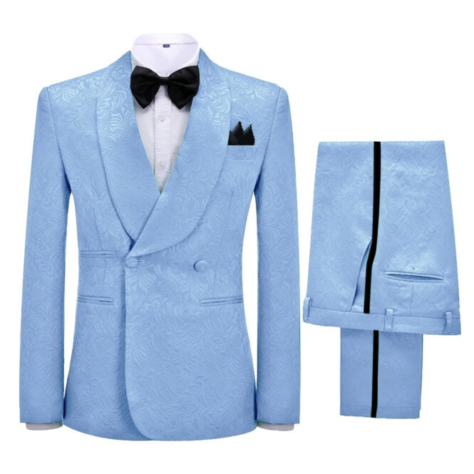 Sky Blue Jacquard Double-Breasted Shawl Lapel Wedding Suit - New Arrival