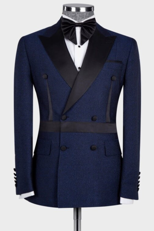 Stylish Navy Blue Peaked Lapel Double Breasted Prom Suit for Men