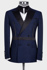 Stylish Navy Blue Peaked Lapel Double Breasted Prom Suit for Men