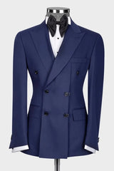 Navy Blue Peaked Lapel Double Breasted Close Fitting Prom Suit