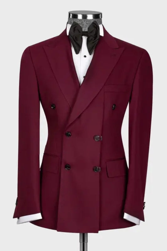 Burgundy Double-Breasted Peaked Lapel Prom Suit