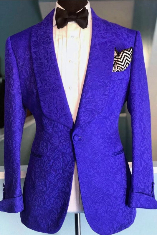 Newest Royal Blue Jacquard Shawl Lapel 2-Piece Wedding Suit