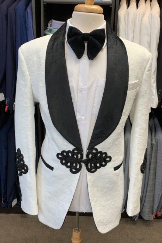 Bespoke White Jacquard Wedding Suit with Black Shawl Lapel