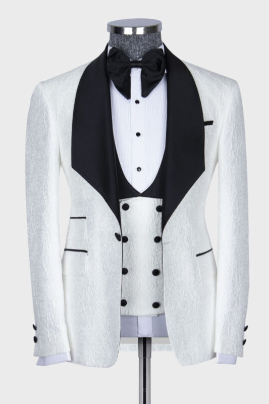 Bespoke White Jacquard 3-Piece Wedding Suit with Black Shawl Lapel