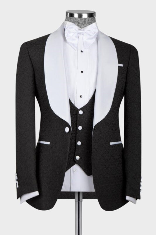 Classic Black 3-Piece Wedding Suit with White Shawl Lapel