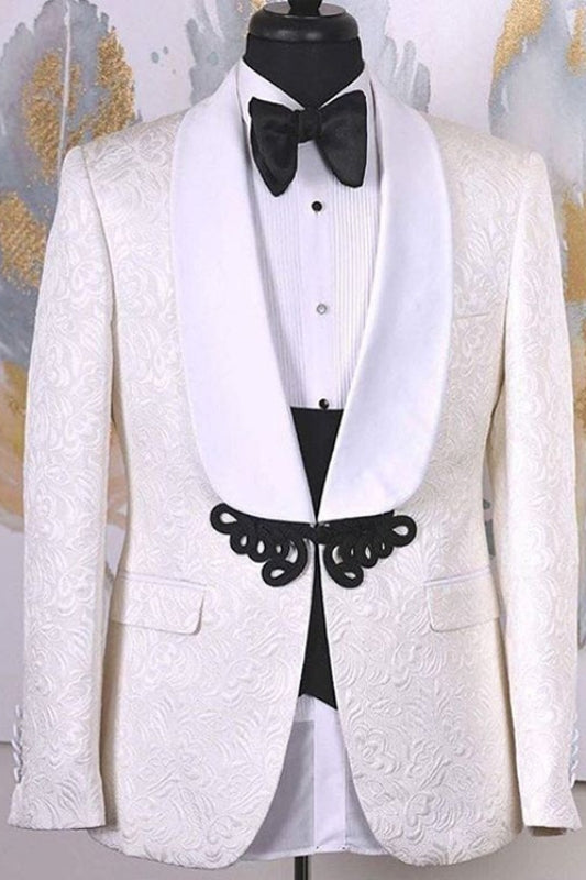 Chic White Shawl Lapel 2-Piece Jacquard Wedding Suit