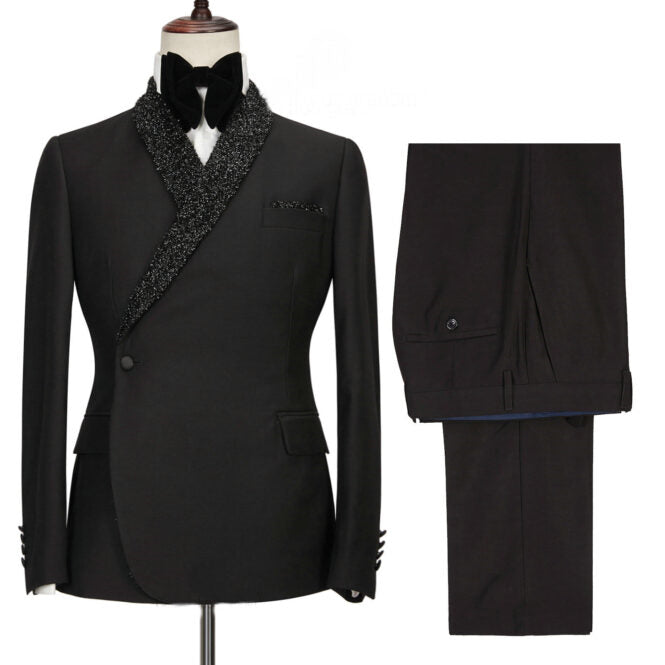 Bespoke Black 2-Piece Wedding Suit with Sequins Shawl Lapel