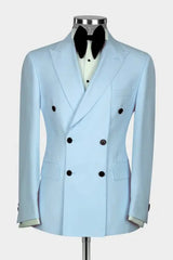 Light Blue Peaked Lapel Double Breasted Modern Prom Suit