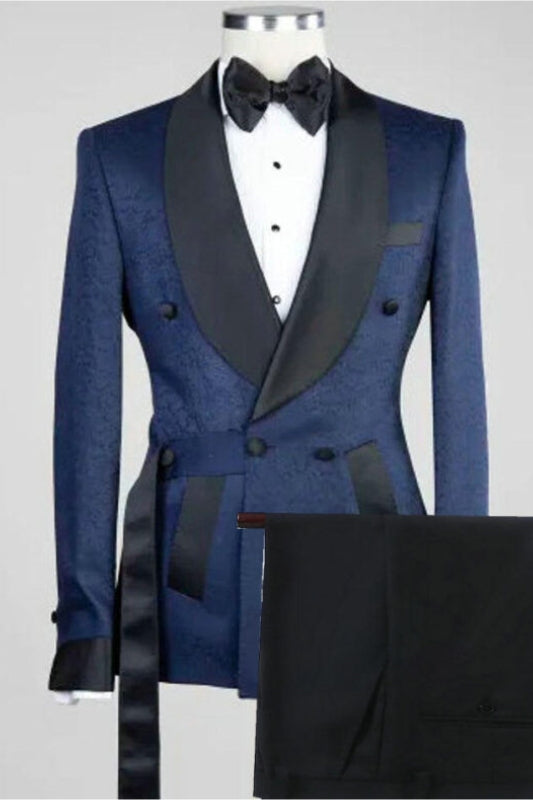 Navy Blue Jacquard Double-Breasted Shawl Lapel Wedding Suit