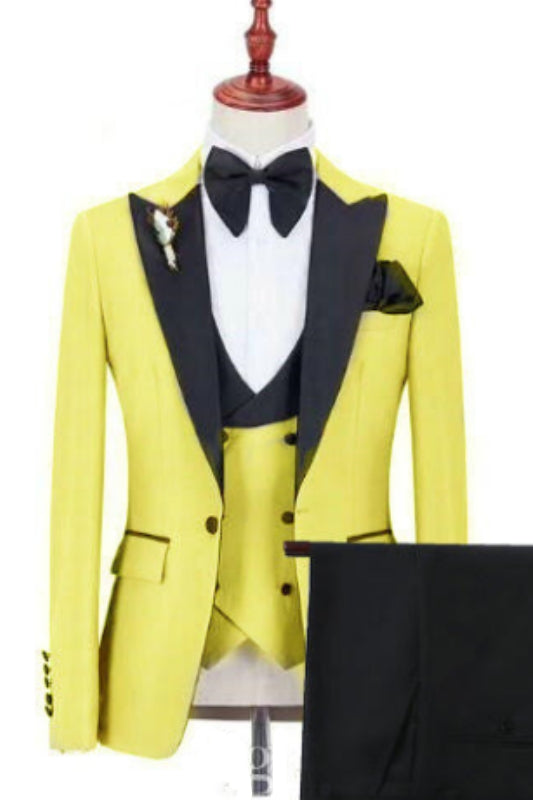 Yellow Three-Piece Peaked Lapel Prom Suit