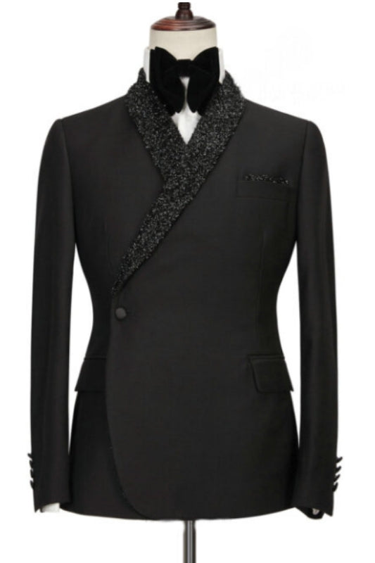 Bespoke Black 2-Piece Wedding Suit with Sequins Shawl Lapel