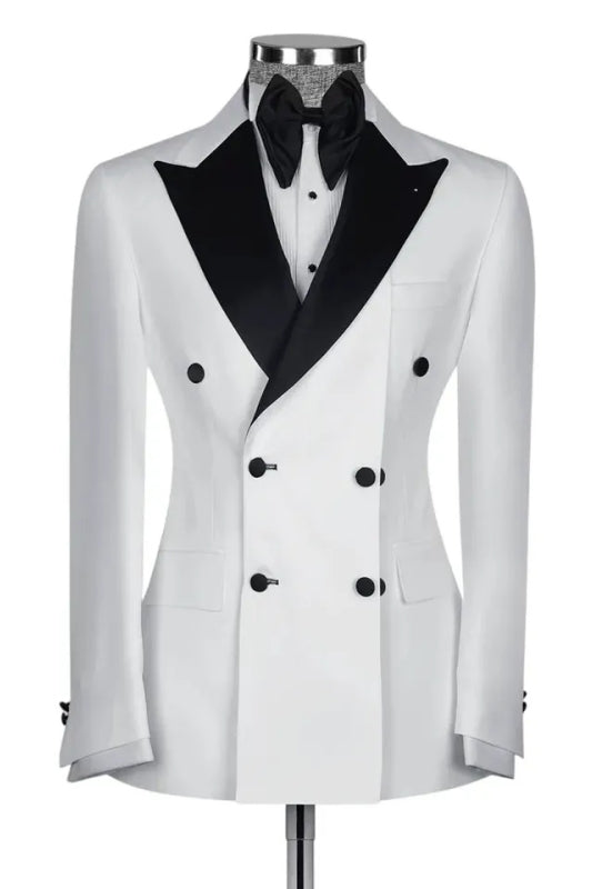 White Double-Breasted Prom Suit with Black Peaked Lapel