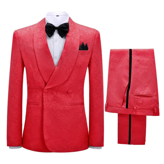 Red Jacquard Double-Breasted Shawl Lapel Wedding Suit