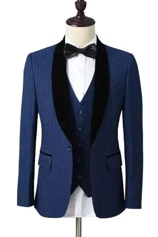 Newest Dark Blue Shawl Lapel 3-Piece Striped Wedding Suit