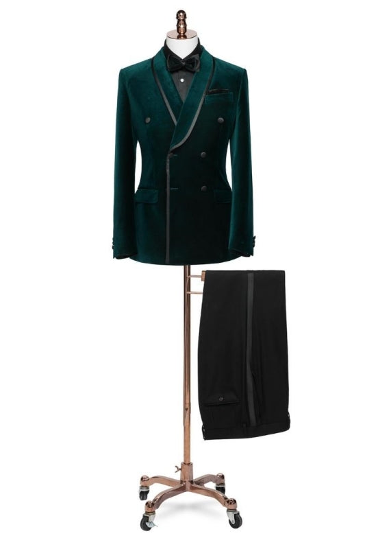 Bespoke Dark Green Shawl Lapel Double Breasted Velvet Wedding Suit