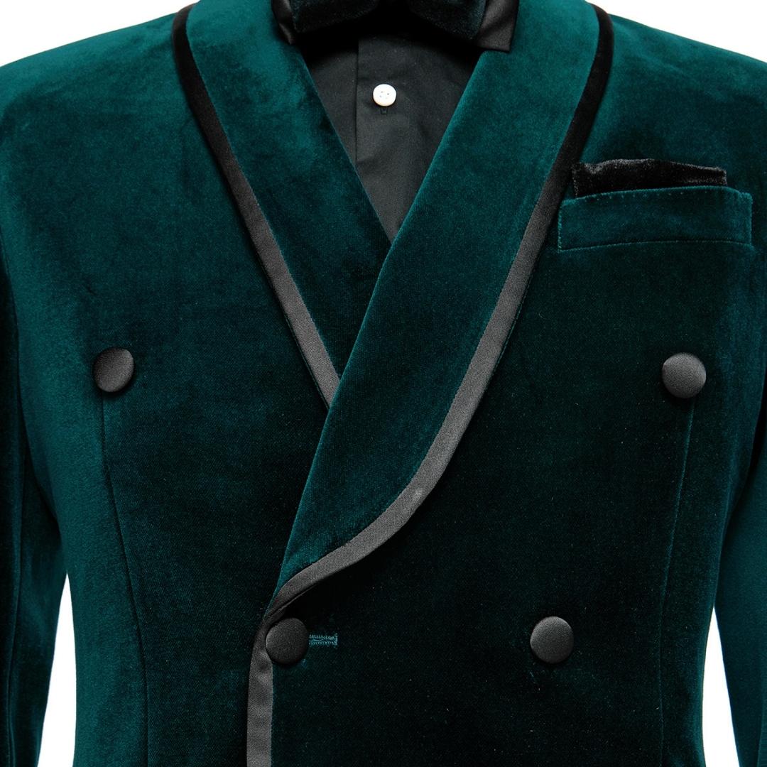 Bespoke Dark Green Shawl Lapel Double Breasted Velvet Wedding Suit