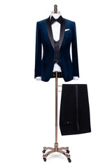 Fancy Navy Blue Shawl Lapel 3-Piece Velvet Wedding Suit